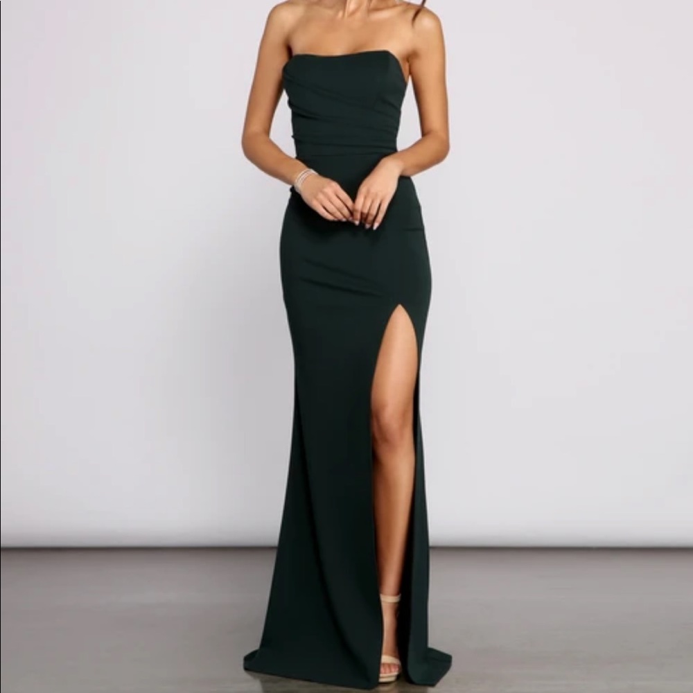 Formal Strapless Slit Green Dress